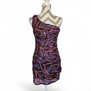 Lulus NWT One Shoulder Sequin Dress Purple Pink Abstract Geometric Bodycon Med